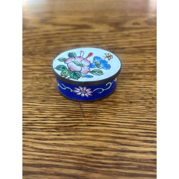 Vintage Cloisonne Brass and Floral Enamel Pill/Trinket Box Blue Enamel Interior - Picture 1 of 6